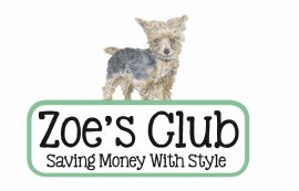 Zoe's Club logo. Zoe the dog standing over the words, "Zoe's Club: Saving money with style"
