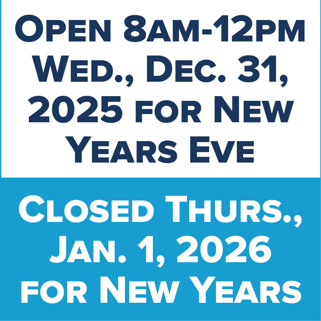 Both ARC Branches will be open 8am-12pm on 12/31/25 and closed on 1/1/26 in observance of New Year's